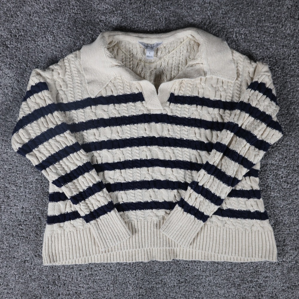 Modern Supply Sanctuary Women's L Ivory Navy Cable Knit Polo Sweater Cotton